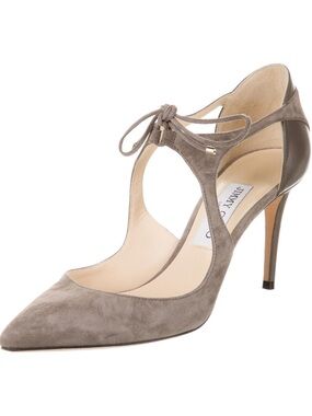 Jimmy Choo Taupe Suede T-Strap Pointed Pump with Leather Heel 39